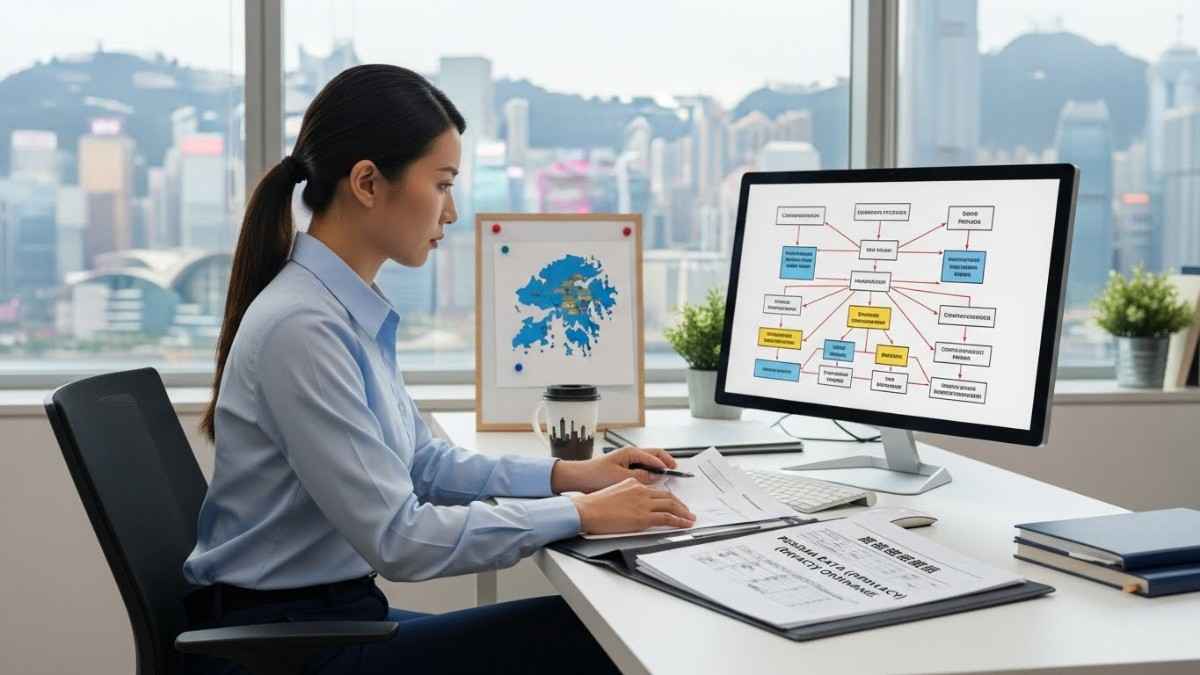 Cybersecurity, Compliance & Hong Kong Regulations create a chinese office one person realsitic image